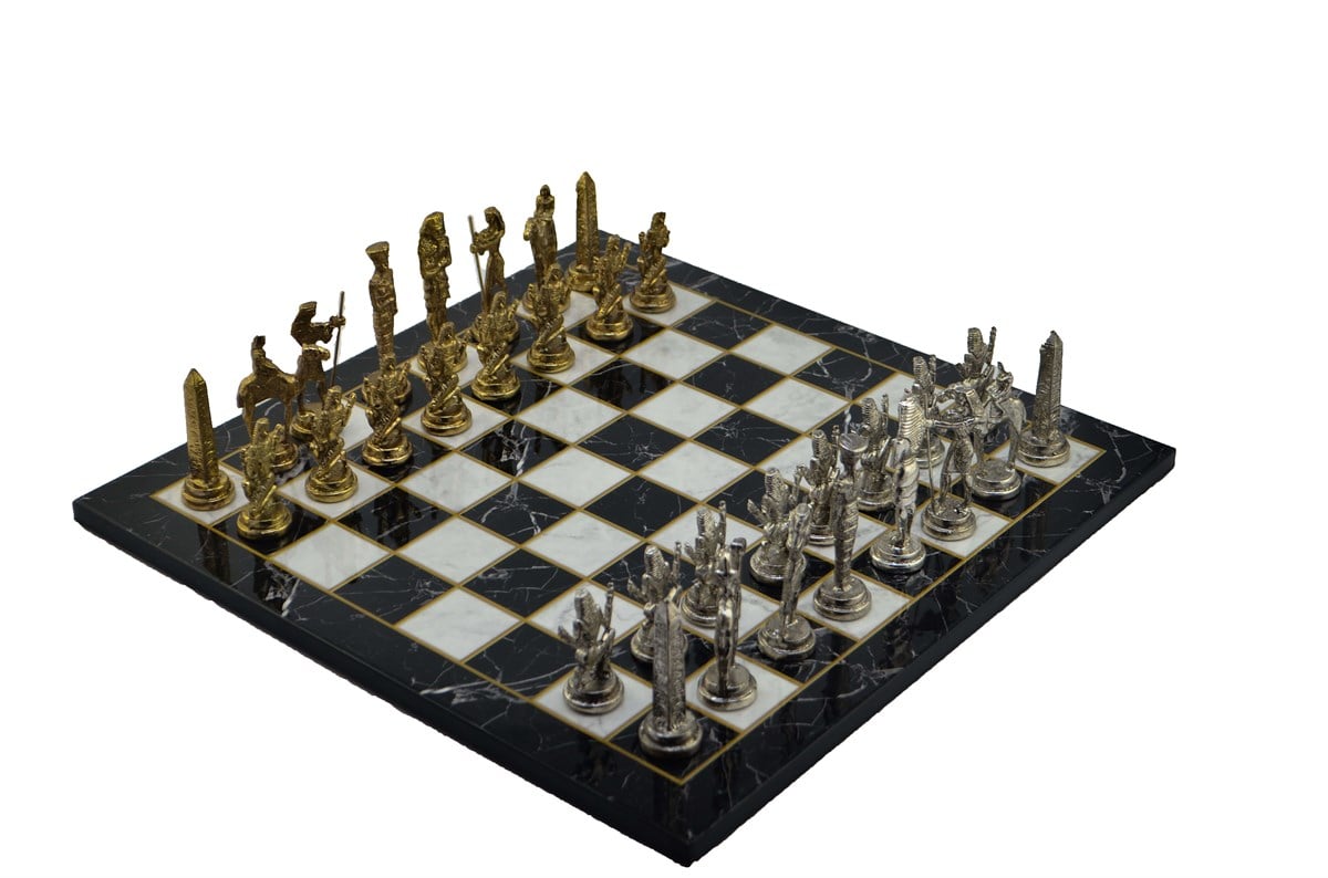 Gifthome Metal Satranç Takımı / Seti;Büyük,Mısır,Parlak Taş ve Düz Mermer Desenli Satranç Tahtası