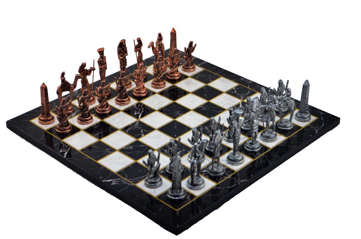 Gifthome Metal Satranç Takımı / Seti;Büyük,Mısır,Antik Taş ve Düz Mermer Desenli Satranç Tahtası