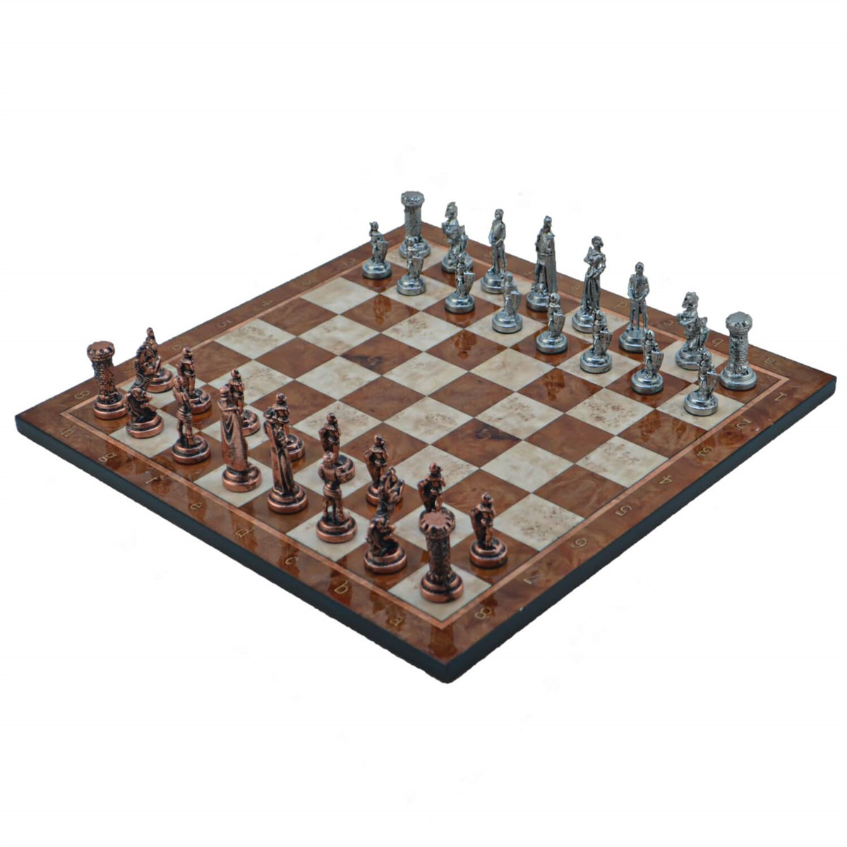 Gifthome Metal Satranç Takımı/Seti ; Orta, İngiliz, Antik Taş ve Mocha Desenli Satranç Tahtası