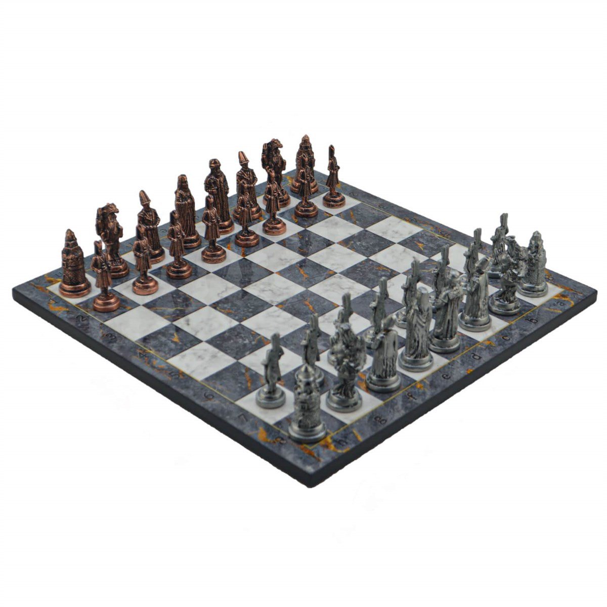 Gifthome Metal Satranç Takımı/Seti; Büyük, Osmanlı, Antik ve Gri Mermer Desenli Satranç Tahtası