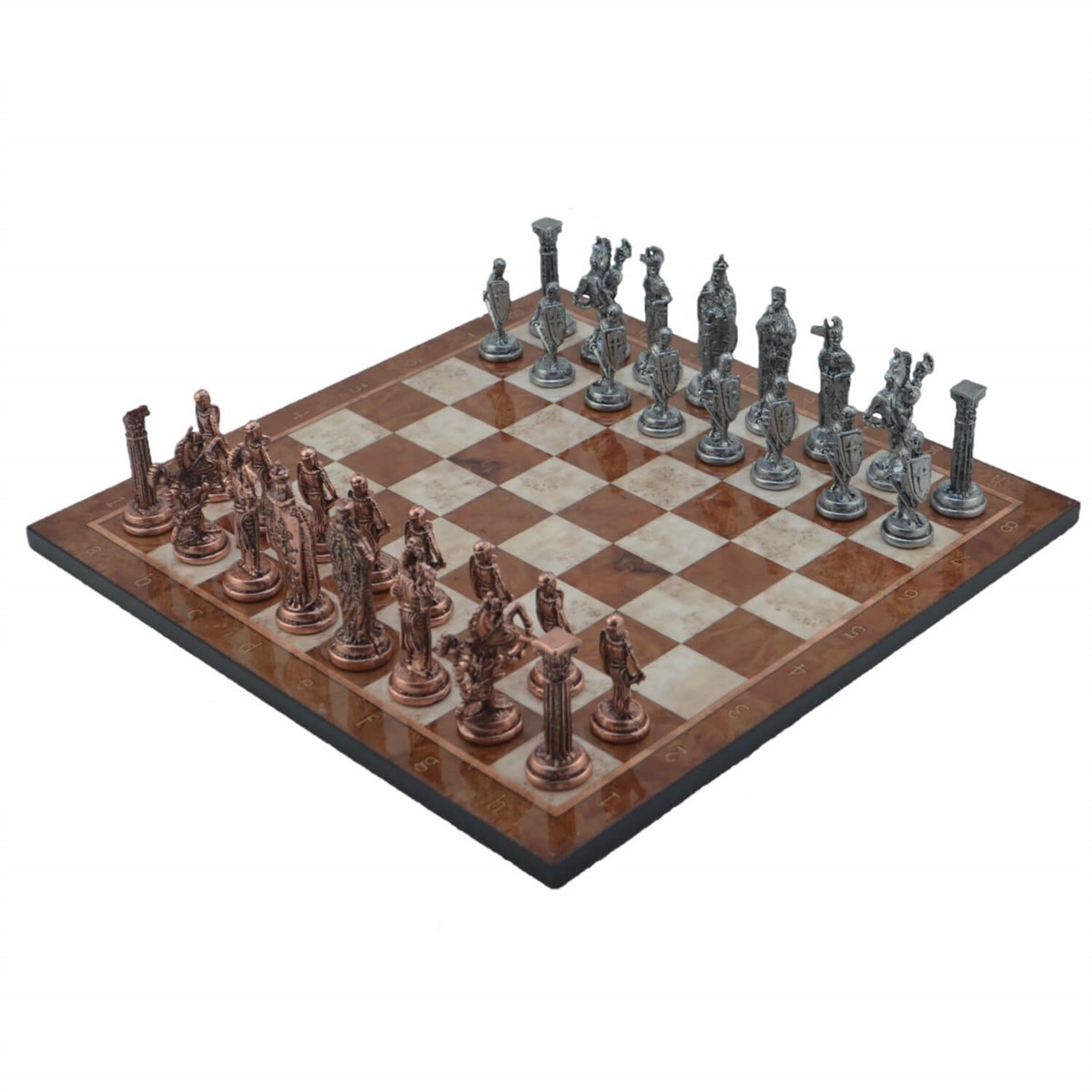 Gifthome Metal Satranç Takımı/Seti; Büyük, İngiliz, Antik Taş ve Mocha Desenli Satranç Tahtası
