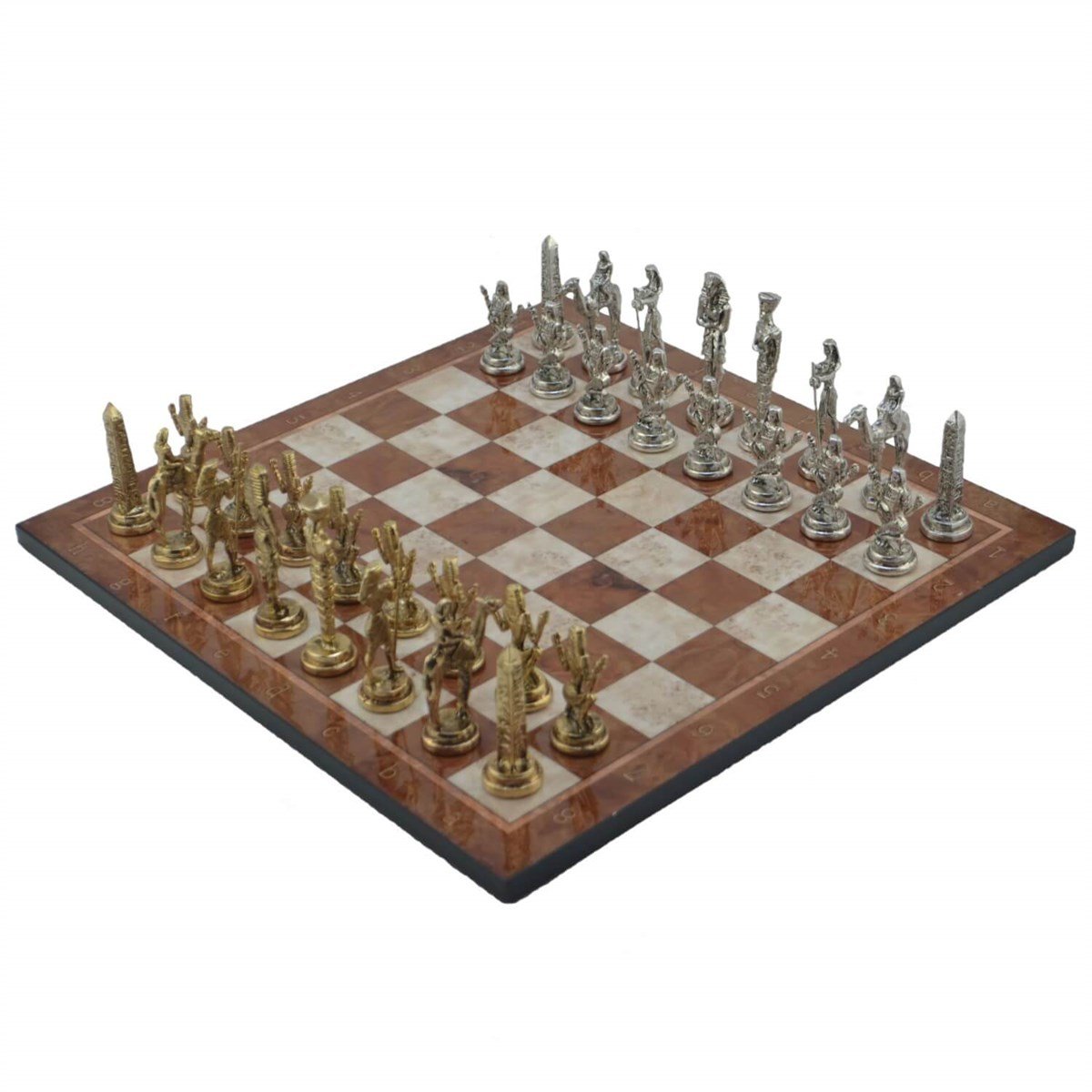 Gifthome Metal Satranç Takımı/Seti; Büyük, Mısır, Parlak Taş ve Mocha Desenli Satranç Tahtası