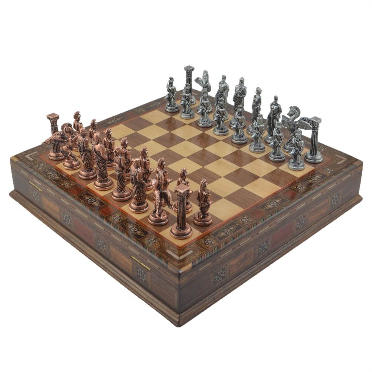 Gifthome Metal Satranç Takımı/Seti; Büyük, Pegasus, Antik Taş ve Sandıklı Masif Satranç Tahtası