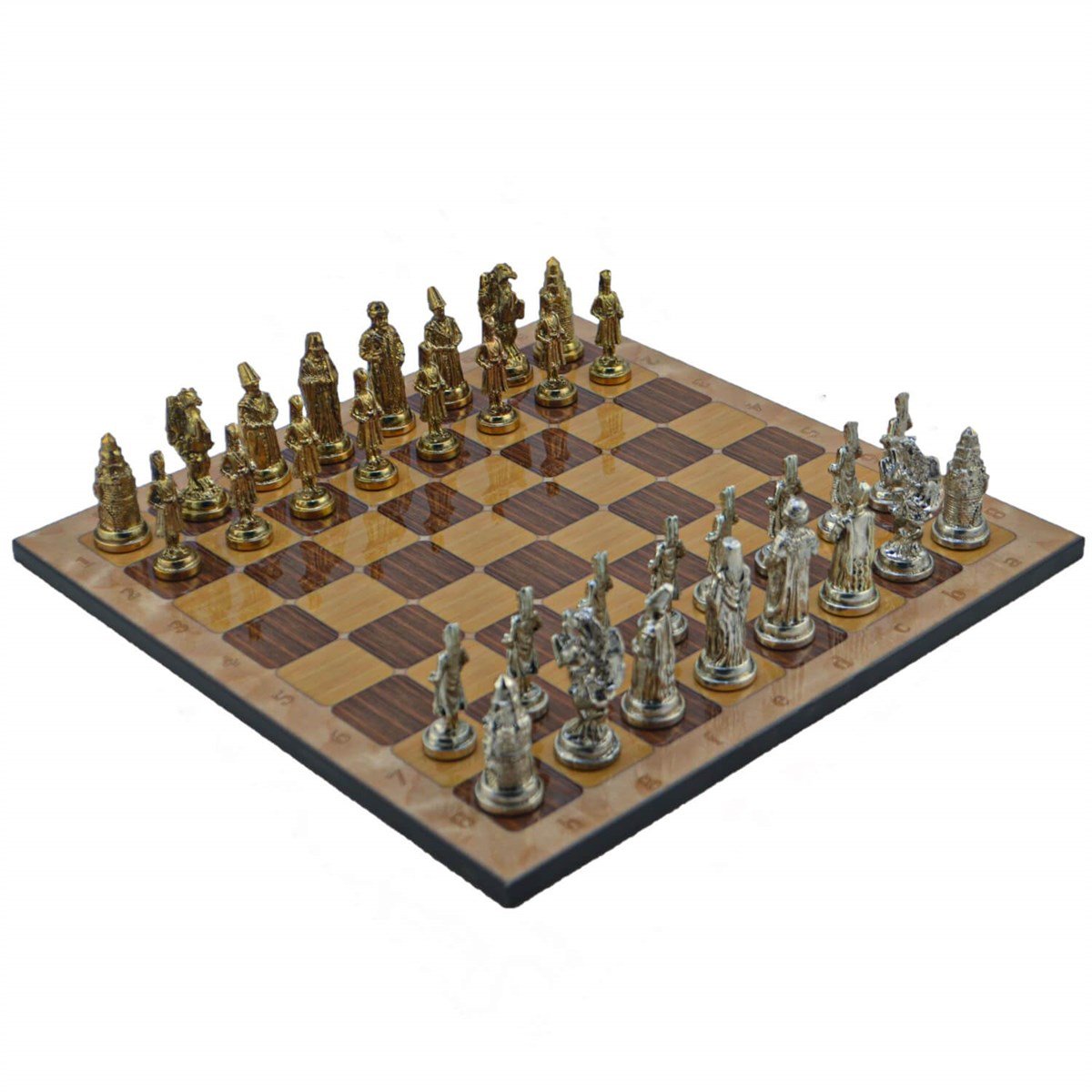 Gifthome Metal Satranç Takımı/Seti; Büyük,Osmanlı,Parlak ve Rustik Ceviz Desenli Satranç Tahtası