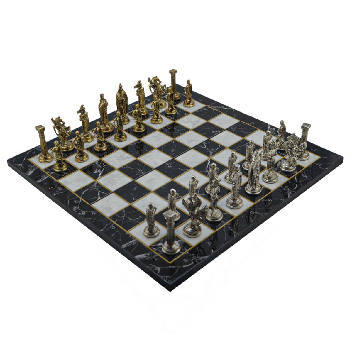 Gifthome Metal Satranç Takımı/Seti; Büyük,İngiliz,Parlak ve Katlanır Mermer Desenli Satranç Tahtası