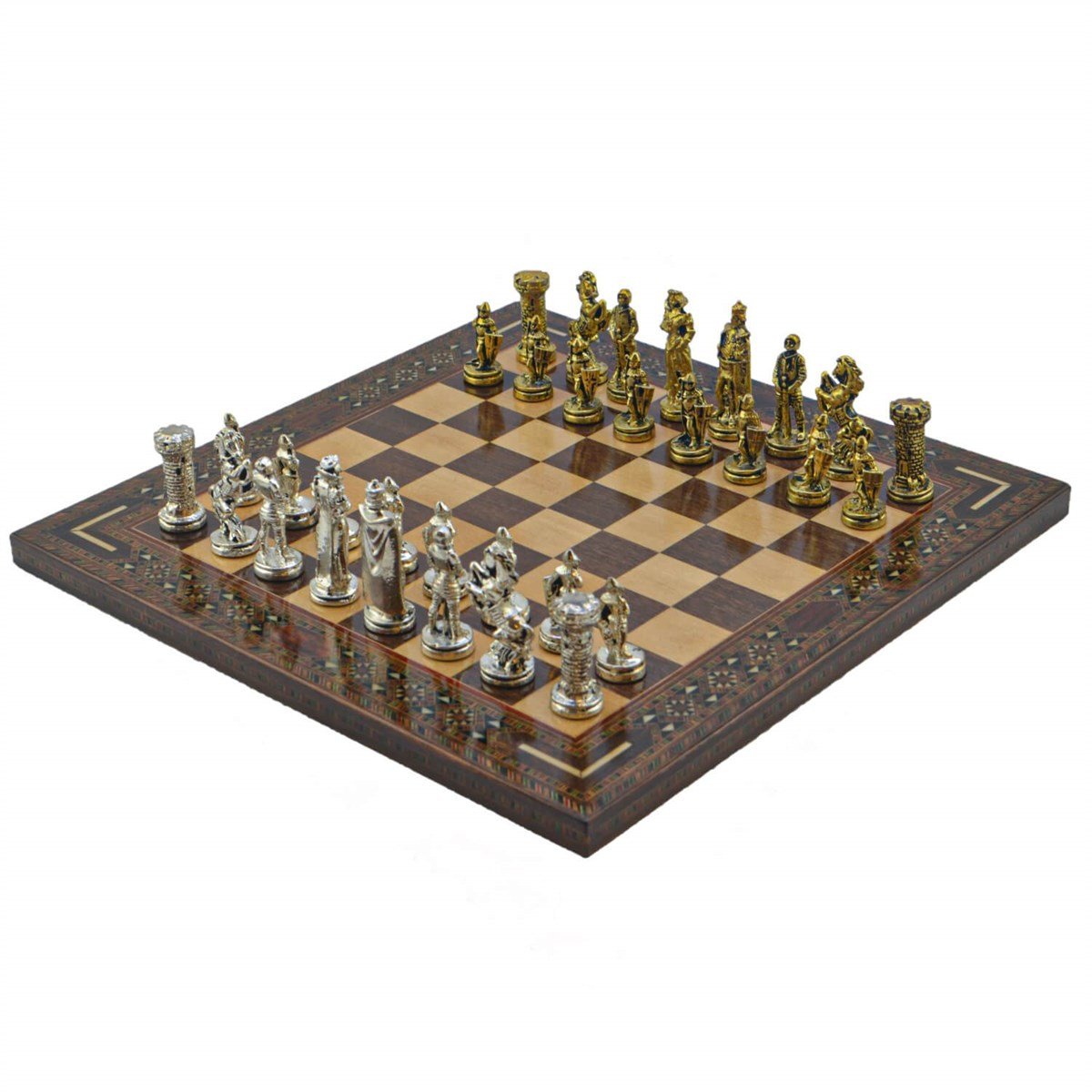 Gifthome Metal Satranç Takımı/Seti; Orta, İngiliz, Parlak Taş ve Ceviz Düz Masif Satranç Tahtası