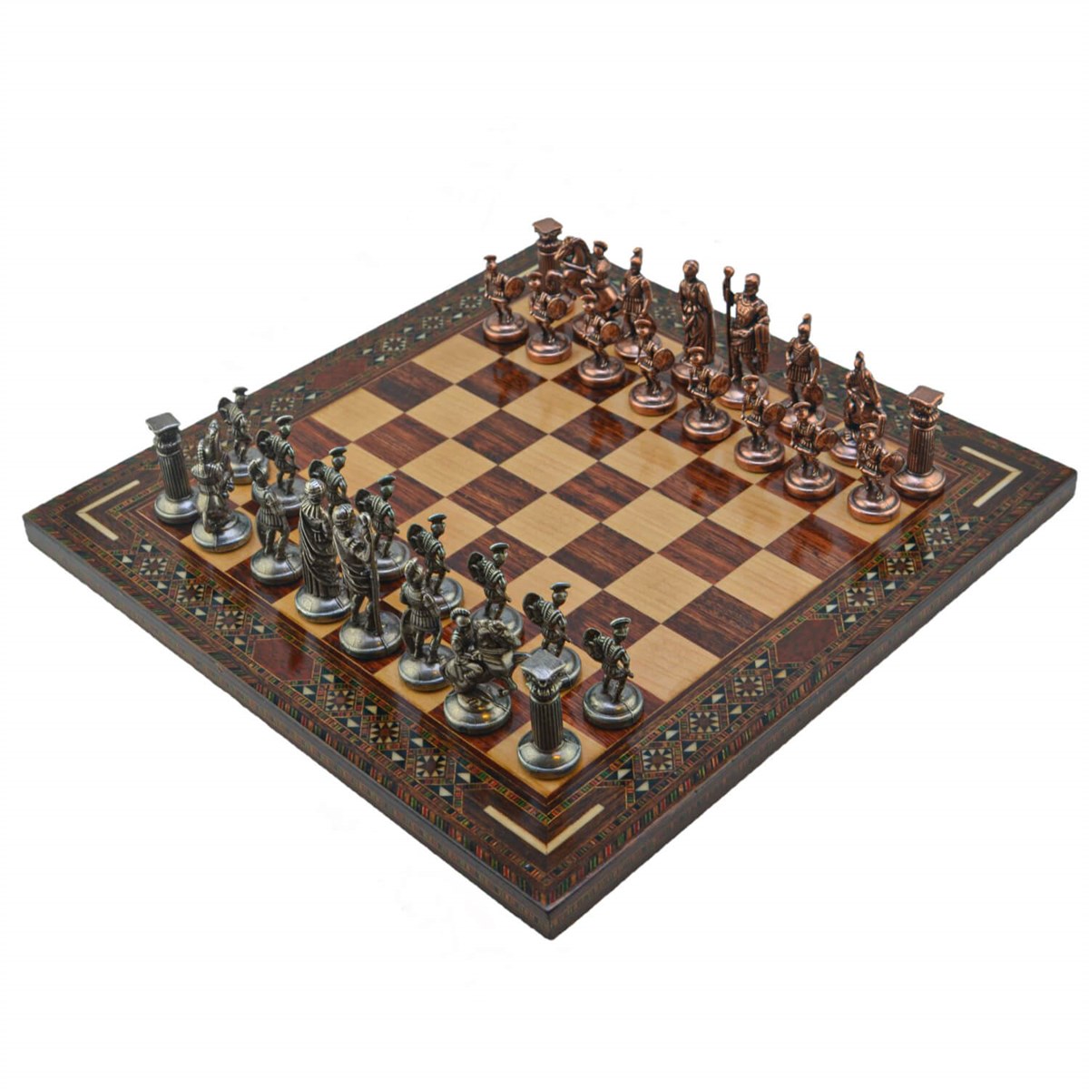 Gifthome Metal Satranç Takımı/Seti; Orta, Roma, Antik Taş ve Gül Düz Masif Satranç Tahtası