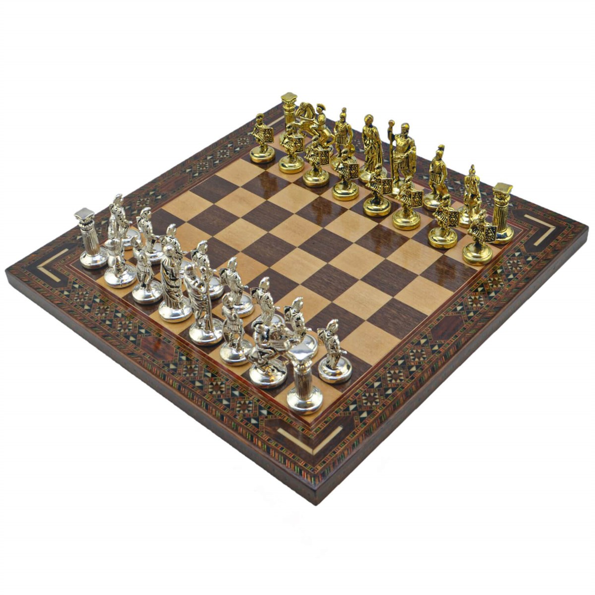 Gifthome Metal Satranç Takımı/Seti; Orta, Roma, Parlak Taş ve Ceviz Düz Masif Satranç Tahtası
