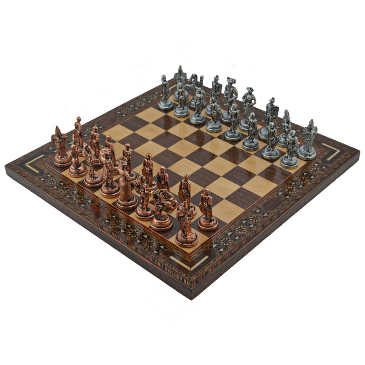 Gifthome Metal Satranç Takımı/Seti; Orta, İspanyol, Antik Taş ve Ceviz Düz Masif Satranç Tahtası