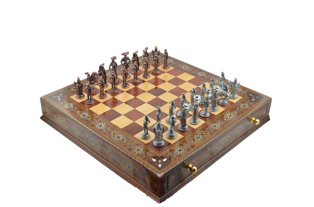 Gifthome Metal Satranç Takımı/Seti;Battal,İspanyol,Antik,Sedefli,Ceviz ,Çekm. Satranç Tahtası 