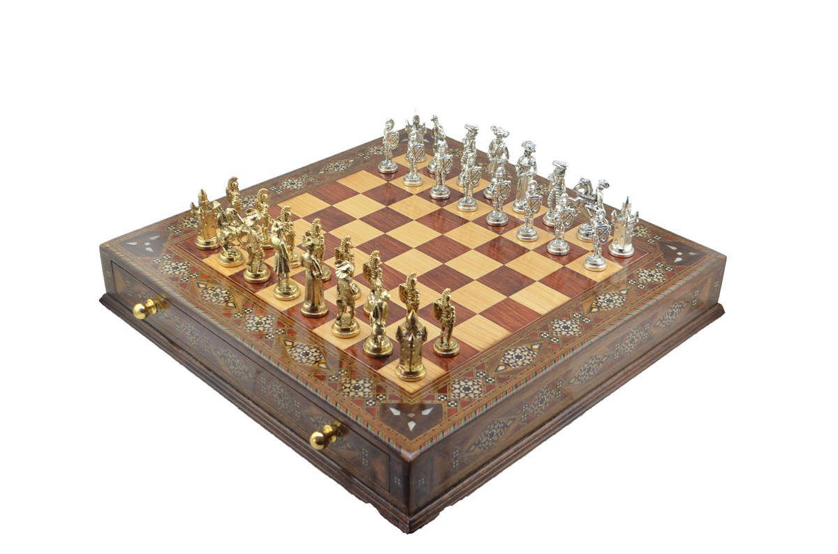 Gifthome Metal Satranç Takımı/Seti;Battal,İspanyol,Parlak,Sedefli,Ceviz ,Çekm. Satranç Tahtası 