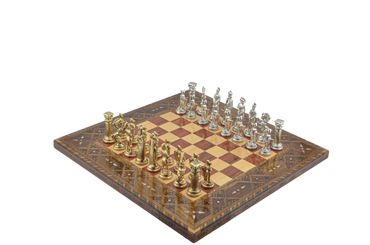 Gifthome Metal Satranç Takımı/Seti;Battal,İngiliz,Parlak,Sedefli,Gül, Düz Masif Satranç Tahtası