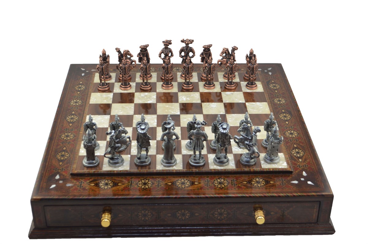 Gifthome Metal Satranç Takımı/Seti;Battal,İspanyol,Antik,Sedefli,K.Ceviz ,Çekm. Satranç Tahtası 