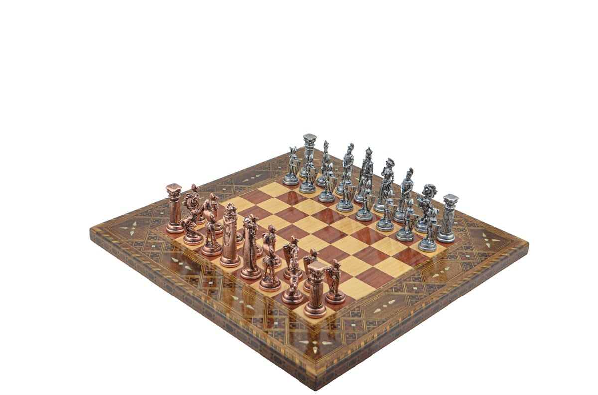 Gifthome Metal Satranç Takımı/Seti;Battal,İngiliz,Antik,Sedefli,Gül, Düz Masif Satranç Tahtası