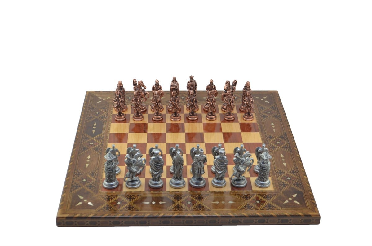 Gifthome Metal Satranç Takımı/Seti;Battal,Osmanlı&Bizans,Antik,Sedef,Gül,Düz Masif Satranç Tahtası