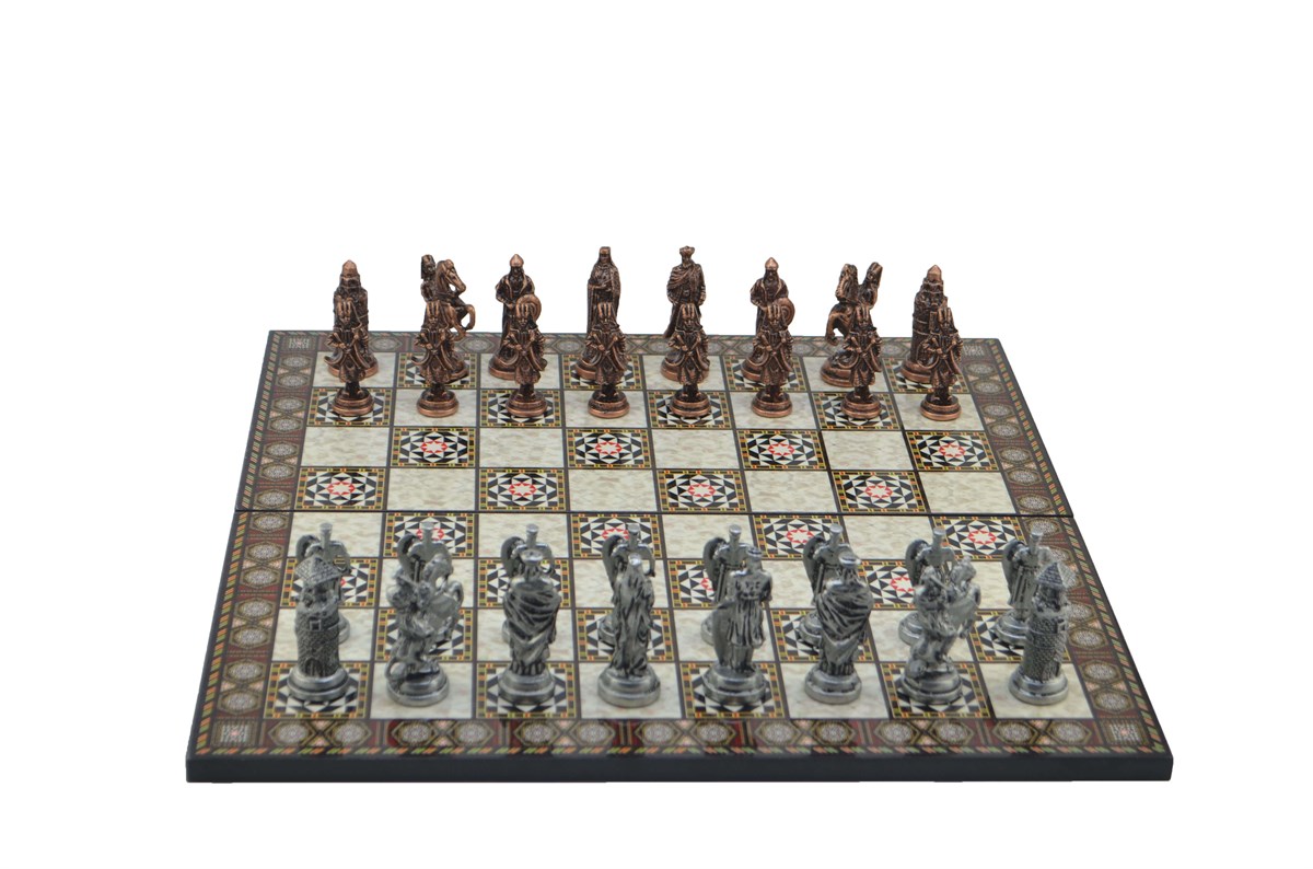 Gifthome Metal Satranç Takımı/Seti;Battal,Osmanlı&Bizans,Antik, Kat.Sedef Desenli Satranç Tahtası