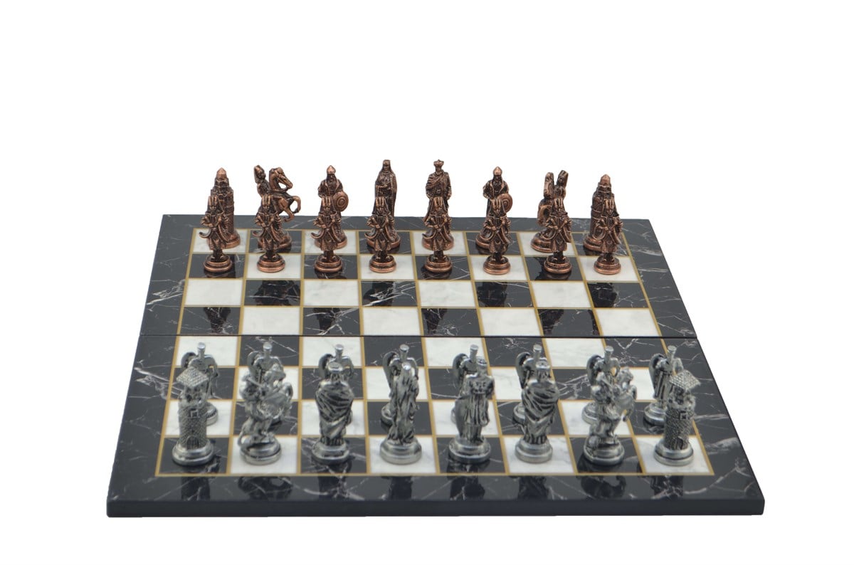 Gifthome Metal Satranç Takımı/Seti;Battal,Osmanlı&Bizans,Antik,Kat.Mermer Desenli Satranç Tahtası