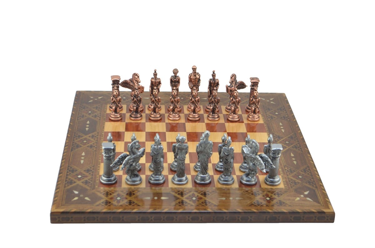 Gifthome Metal Satranç Takımı/Seti;Battal,Pegasus,Antik,Sedefli,Gül, Düz Masif Satranç Tahtası