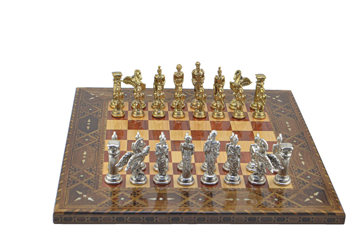 Gifthome Metal Satranç Takımı/Seti;Battal,Pegasus,Parlak,Sedefli,Gül, Düz Masif Satranç Tahtası