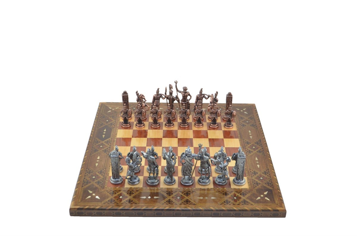 Gifthome Metal Satranç Takımı/Seti;Battal,Yunan,Antik Taş ve Sedefli,Gül Düz Masif Satranç Tahtası