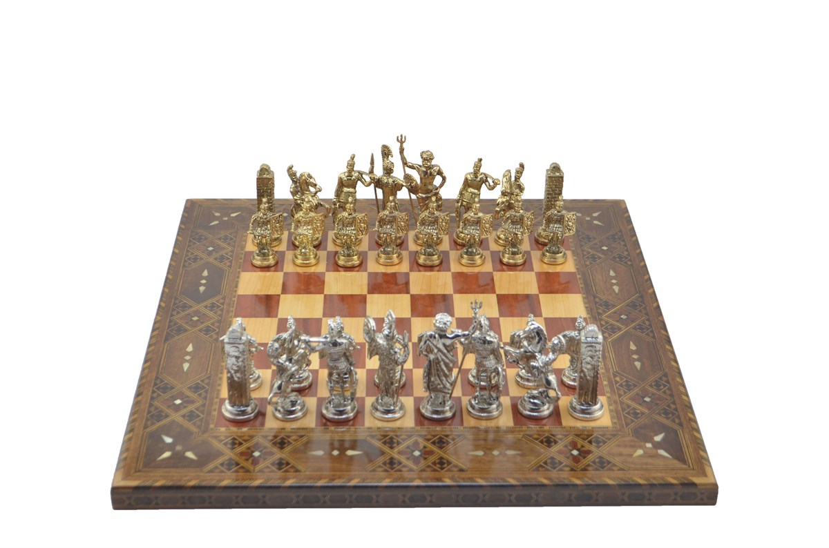 Gifthome Metal Satranç Takımı/Seti;Battal,Yunan,Parlak ve Sedefli,Gül Düz Masif Satranç Tahtası