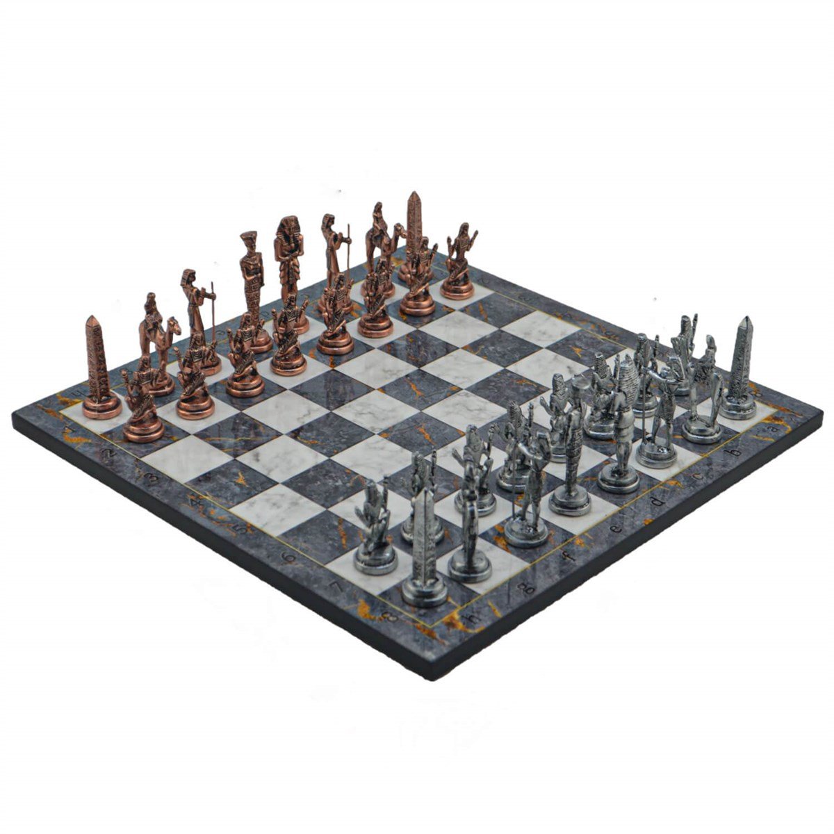 Gifthome Metal Satranç Takımı/Seti;Büyük,Mısır,Antik Taş ve Gri Mermer Desenli Satranç Tahtası