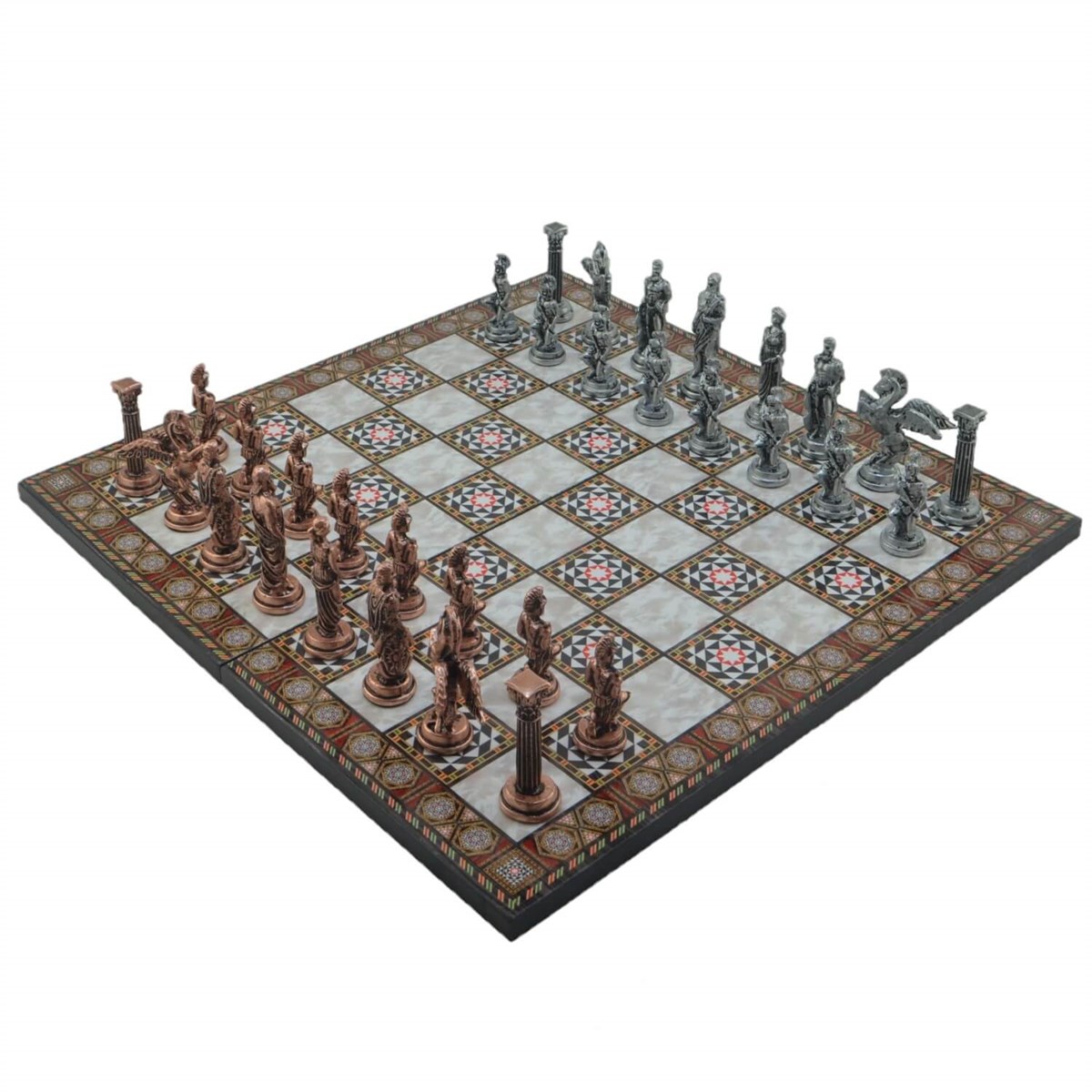 Gifthome Metal Satranç Takımı/Seti,Büyük,Pegasus, Antik, Katlanır Sedef Desenli Satranç Tahtası