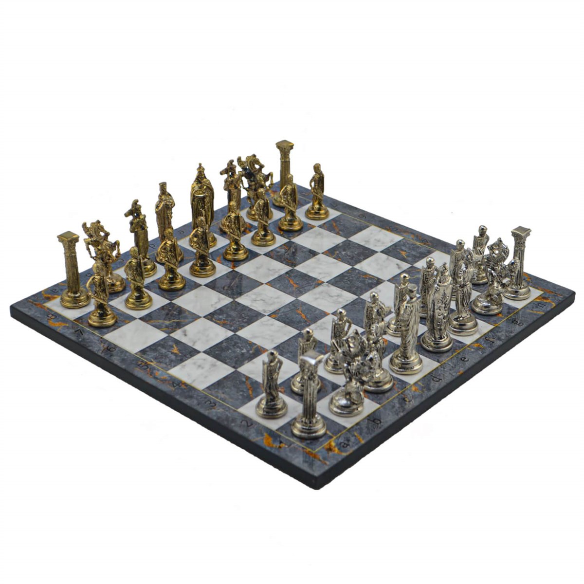 Gifthome Metal Satranç Takımı/Seti;Büyük,İngiliz,Parlak Taş ve Gri Mermer Desenli Satranç Tahtası