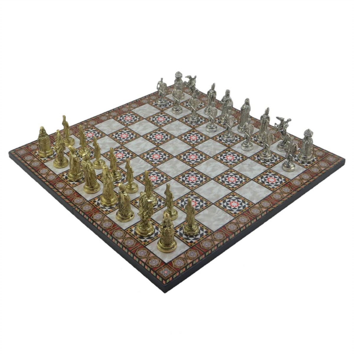 Gifthome Metal Satranç Takımı/Seti;Büyük,Osmanlı&Bizans,Parlak,Kat.Sedef Desenli Satranç Tahtası