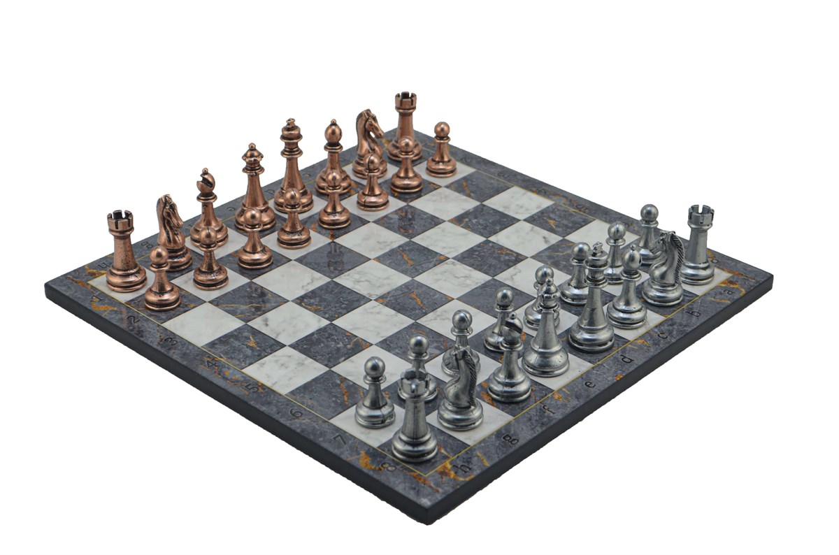 Gifthome Metal Satranç Takımı/Seti;Büyük,Klasik,Antik Taş ve Gri Mermer Desenli Satranç Tahtası