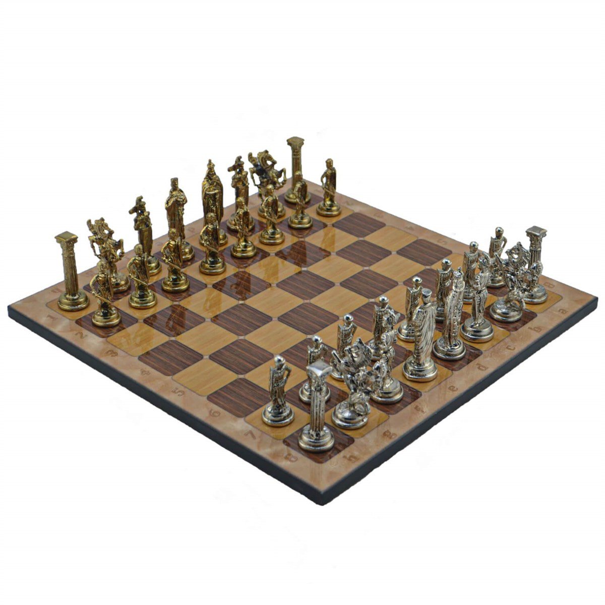 Gifthome Metal Satranç Takımı/Seti;Büyük,İngiliz,Parlak ve Rustik Ceviz Desenli Satranç Tahtası