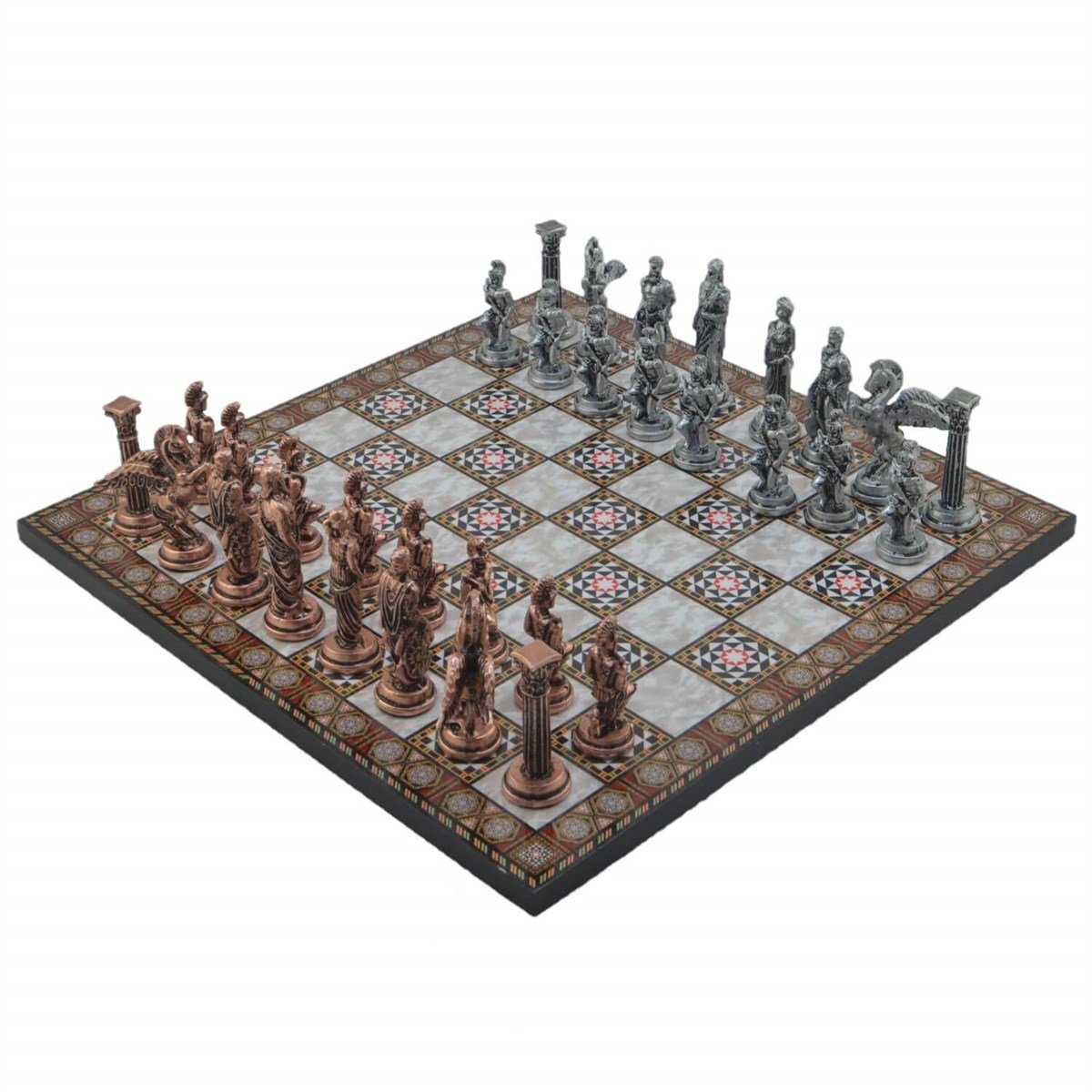 Gifthome Metal Satranç Takımı/Seti,Büyük,Pegasus, Antik ve Sedef Desenli Satranç Tahtası