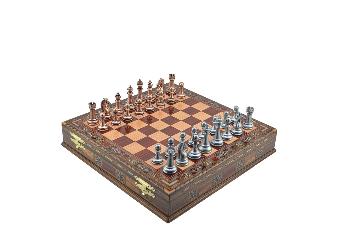 Gifthome Metal Satranç Takımı/Seti;Büyük,Antik,Klasik,Gül,Sandıklı Masif Ahşap Satranç Tahtası