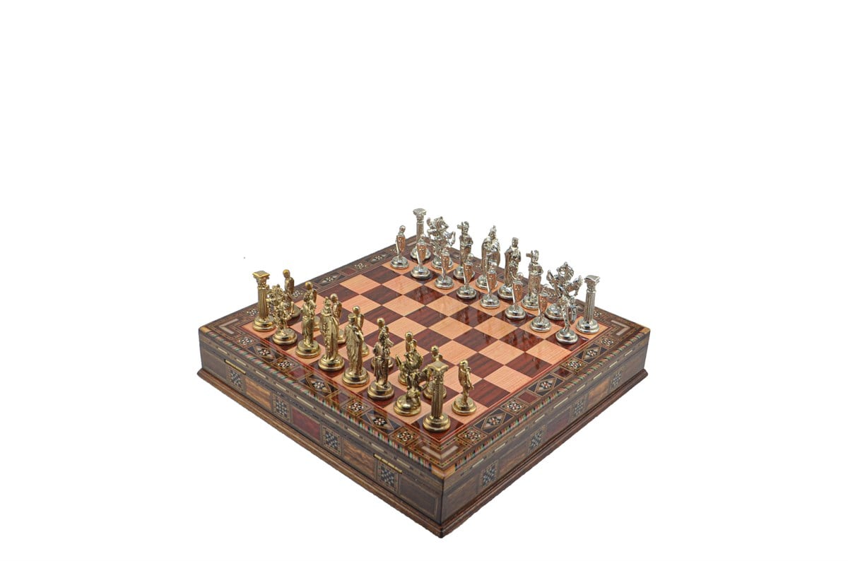 Gifthome Metal Satranç Takımı/Seti;Büyük,İngiliz,Parlak,Gül,Sandıklı Masif Ahşap Satranç Tahtası