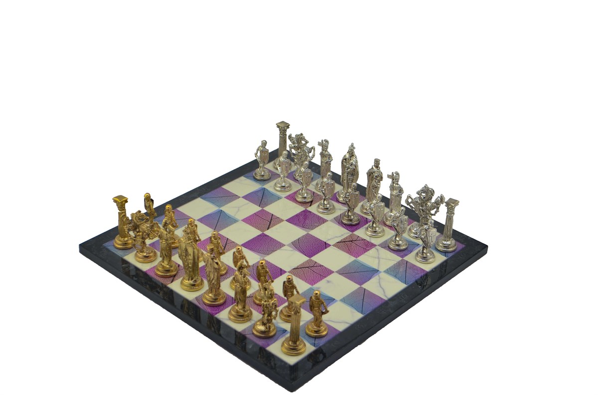 Gifthome Metal Satranç Takımı/Seti;Büyük,İngiliz,Parlak Taş ve Bahar Desenli Satranç Tahtası
