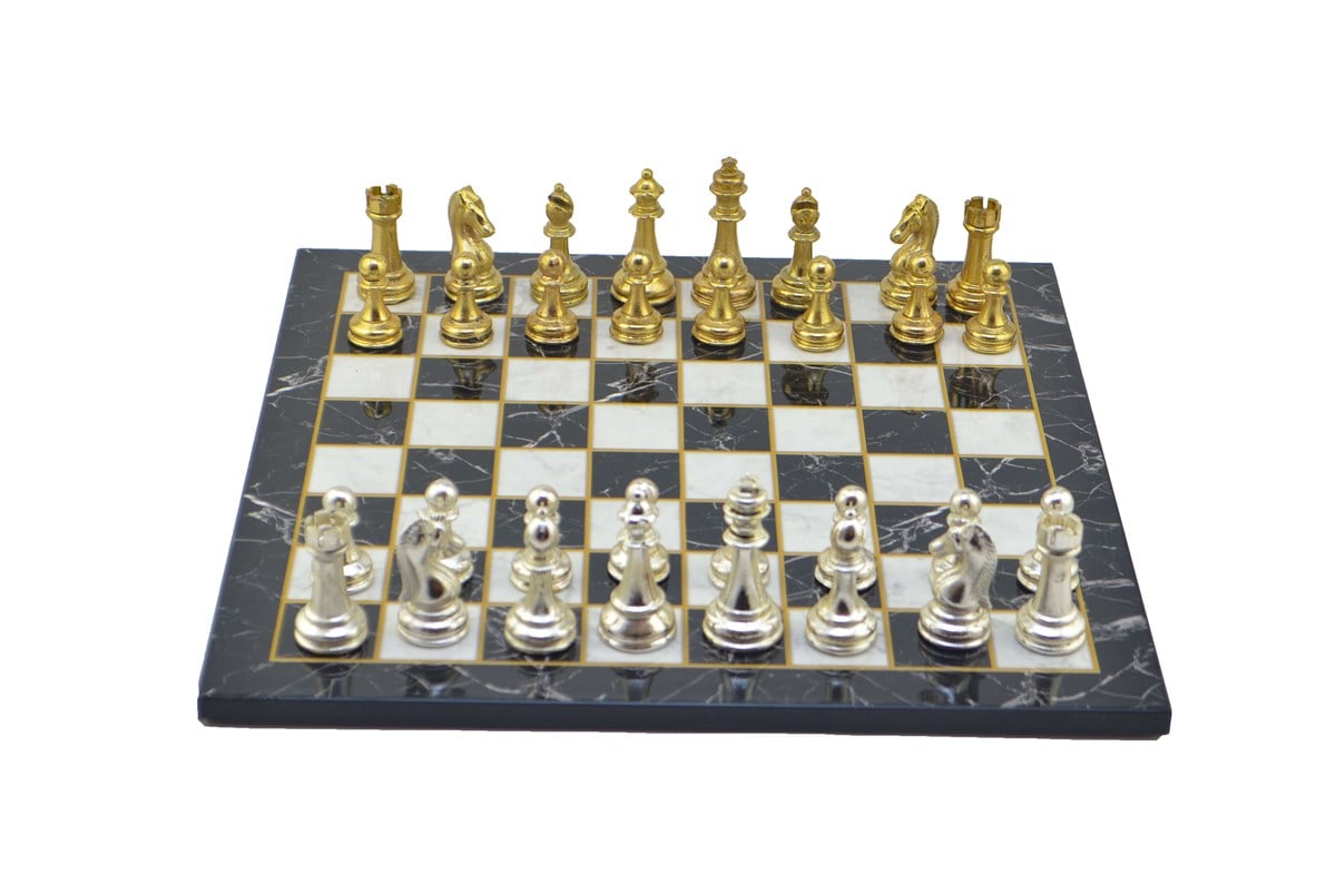 Gifthome Metal Satranç Takımı/Seti;Büyük,Klasik,Parlak Taş ve Düz Mermer Desenli Satranç Tahtası