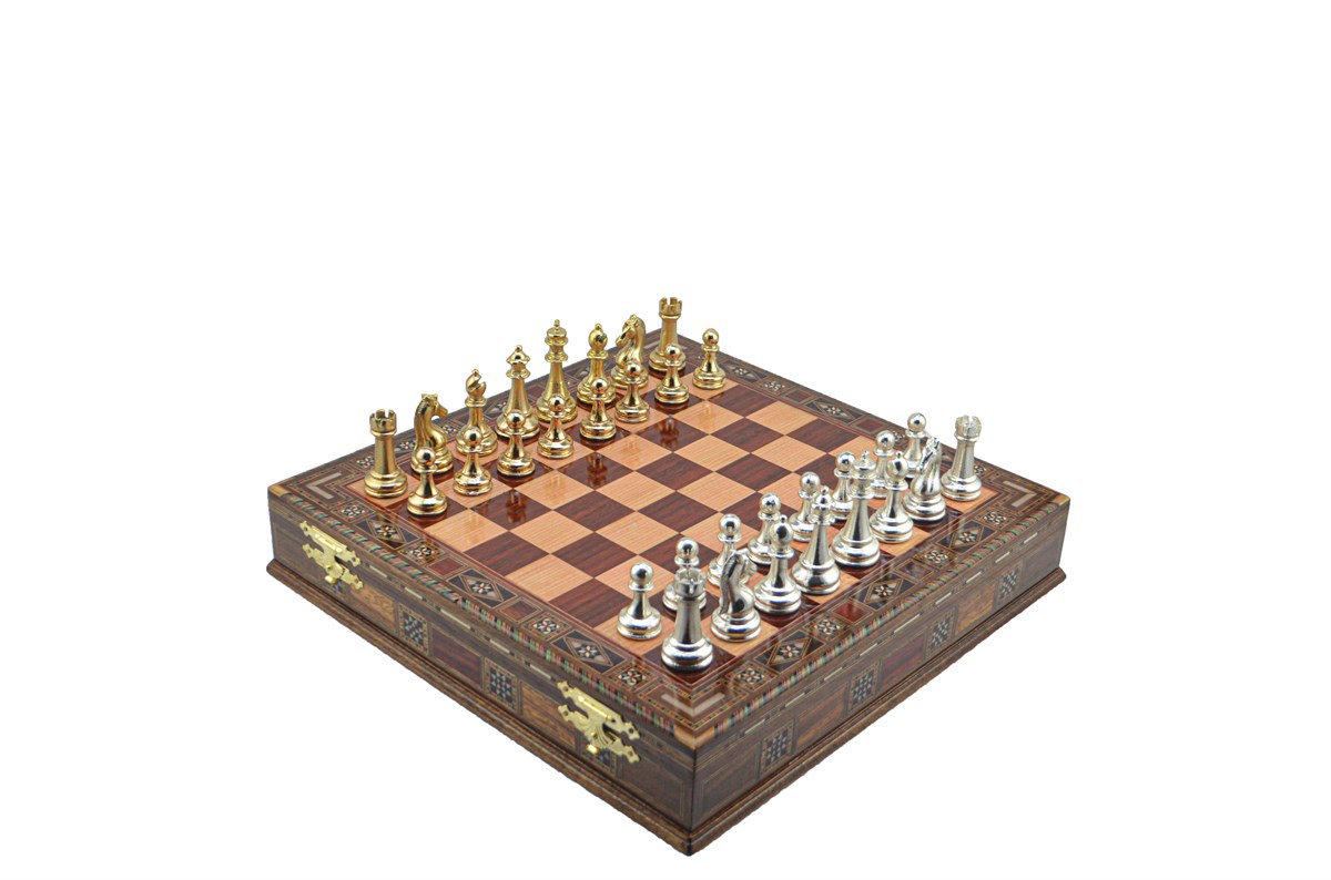 Gifthome Metal Satranç Takımı/Seti;Büyük,Klasik,Parlak,Gül,Sandıklı Masif Ahşap Satranç Tahtası