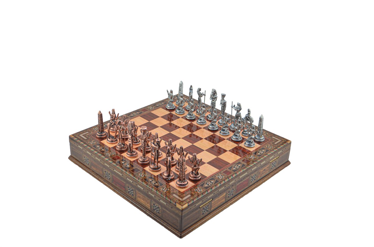 Gifthome Metal Satranç Takımı/Seti;Büyük,Mısır,Antik,Gül,Sandıklı Masif Ahşap Satranç Tahtası