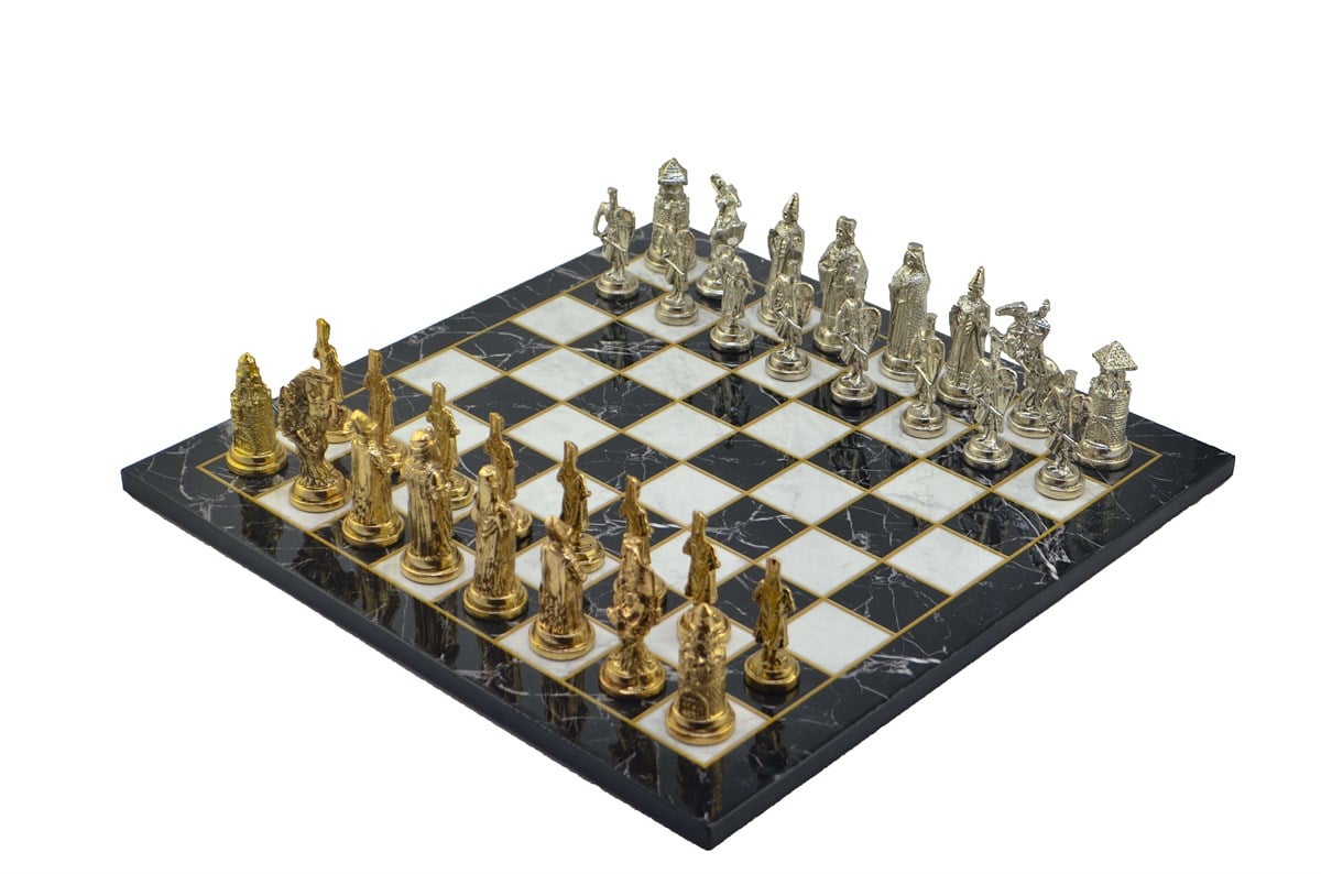 Gifthome Metal Satranç Takımı/Seti;Büyük,Osmanlı&Bizans,Parlak,Düz Mermer Desenli Satranç Tahtası