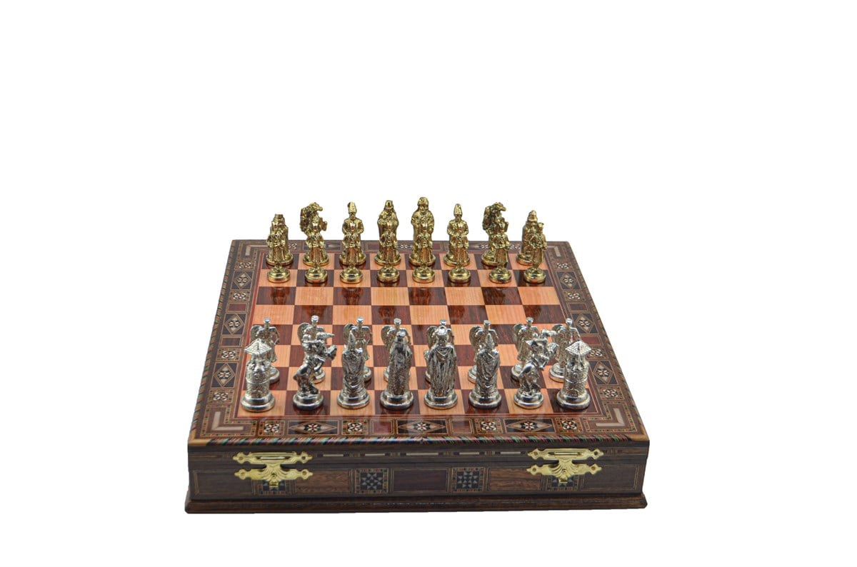 Gifthome Metal Satranç Takımı/Seti;Büyük,Osmanlı&Bizans,Parlak,Gül,Sandıklı Masif Satranç Tahtası