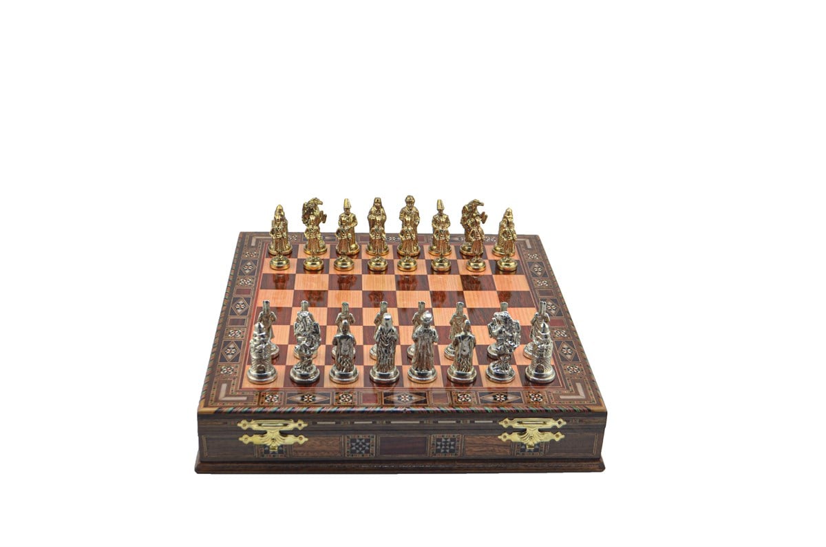 Gifthome Metal Satranç Takımı/Seti;Büyük,Osmanlı,Parlak,Gül,Sandıklı Masif Ahşap Satranç Tahtası