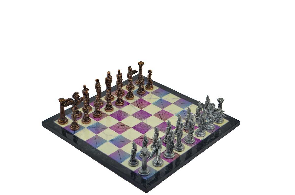 Gifthome Metal Satranç Takımı/Seti;Büyük,Pegasus,Antik Taş ve Bahar Desenli Satranç Tahtası