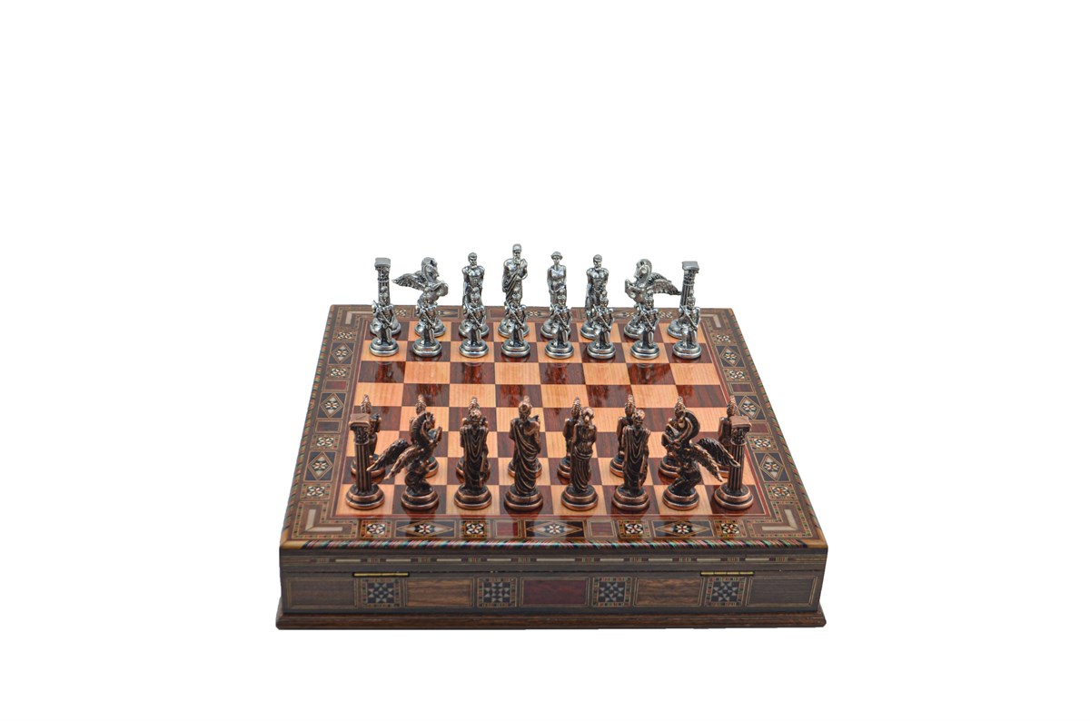 Gifthome Metal Satranç Takımı/Seti;Büyük,Pegasus,Antik,Gül,Sandıklı Masif Ahşap Satranç Tahtası