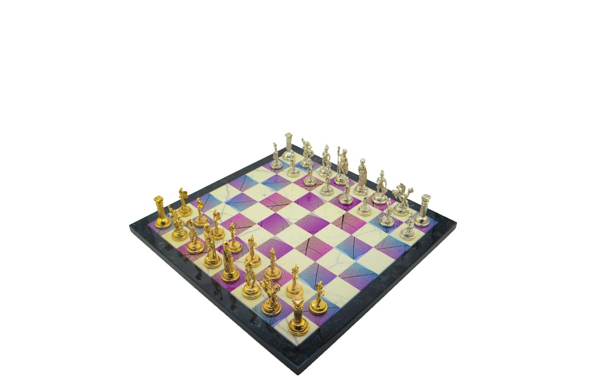 Gifthome Metal Satranç Takımı/Seti;Orta, Roma Figürlü Parlak Taş ve Bahar Desenli Satranç Tahtası