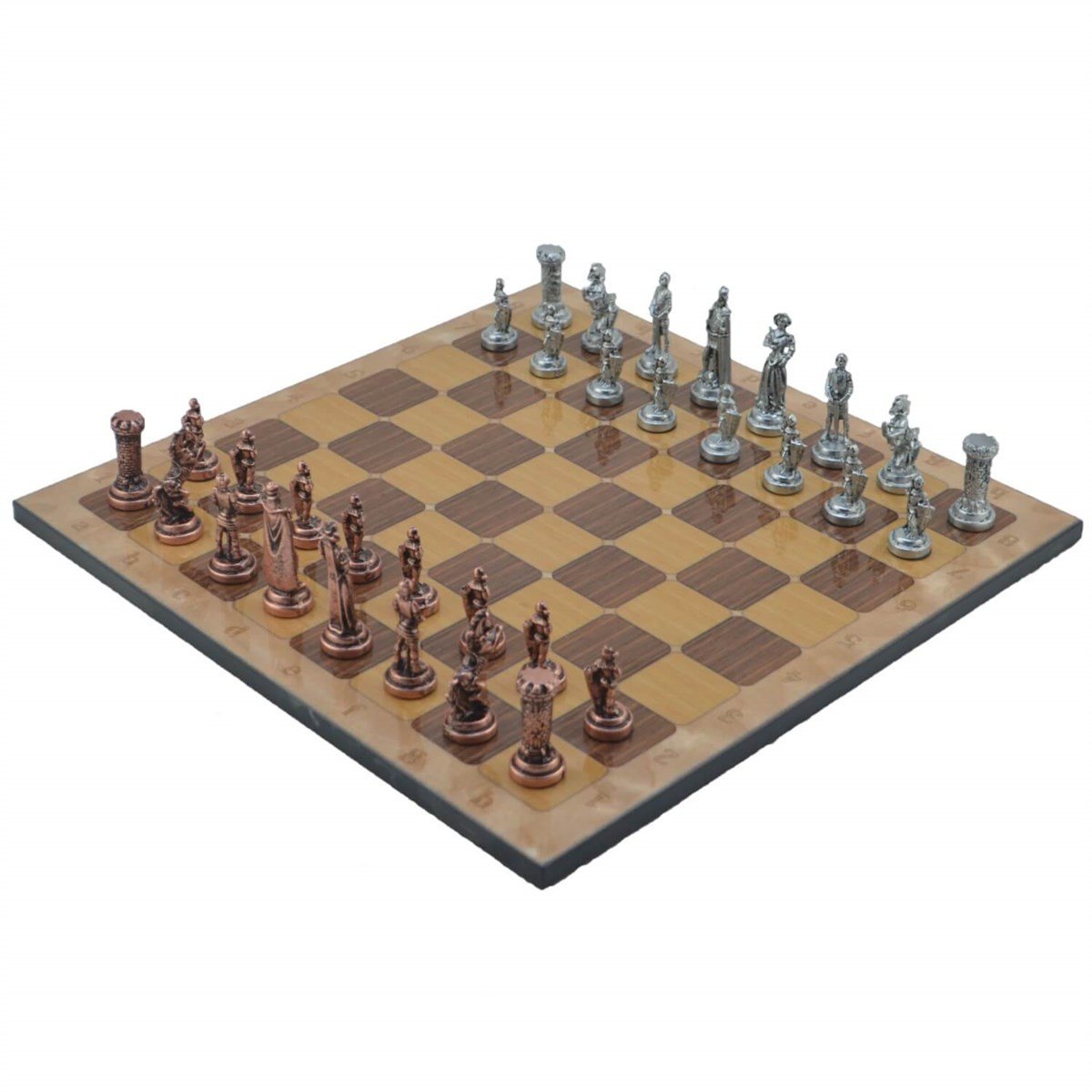 Gifthome Metal Satranç Takımı/Seti;Orta,İngiliz,Antik,Rustik Ceviz Desenli Satranç Tahtası