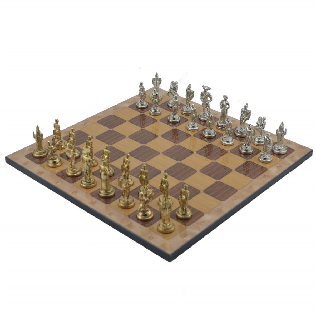 Gifthome Metal Satranç Takımı/Seti;Orta,İspanyol,Parlak,Rustik Ceviz Desenli Satranç Tahtası