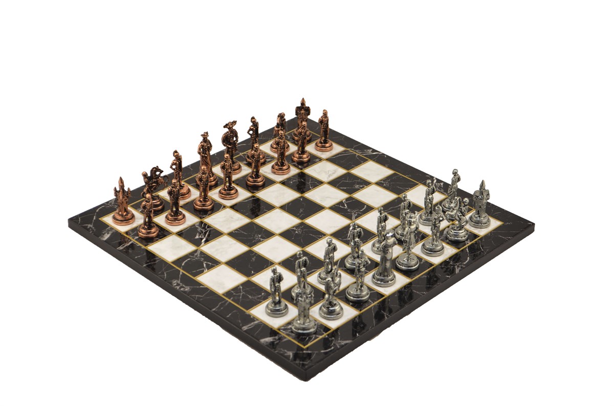 Gifthome Metal Satranç Takımı/Seti;Orta,İspanyol,Antik Taş ve Düz Mermer Desenli Satranç Tahtası
