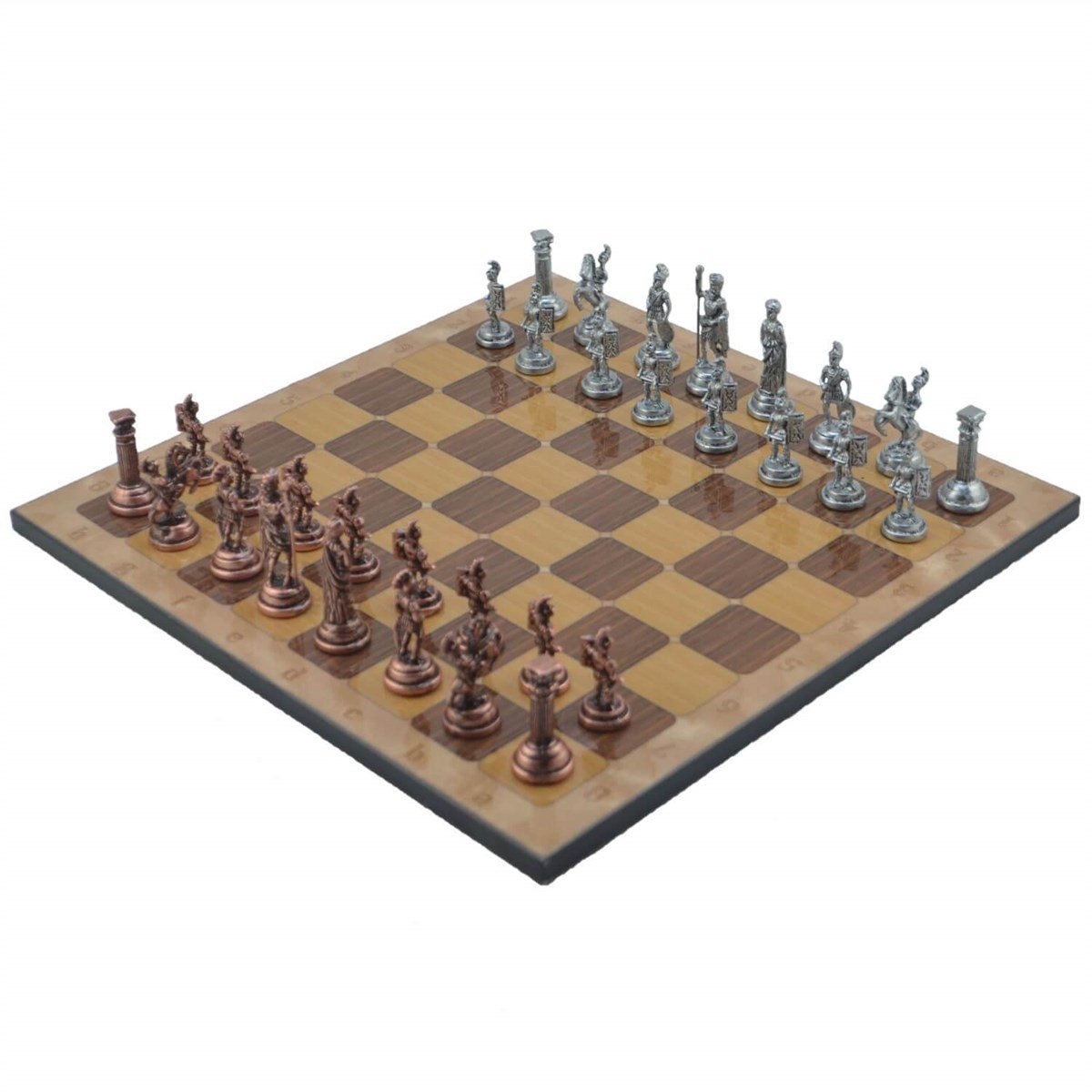 Gifthome Metal Satranç Takımı/Seti;Orta,Roma,Antik,Rustik Ceviz Desenli Satranç Tahtası
