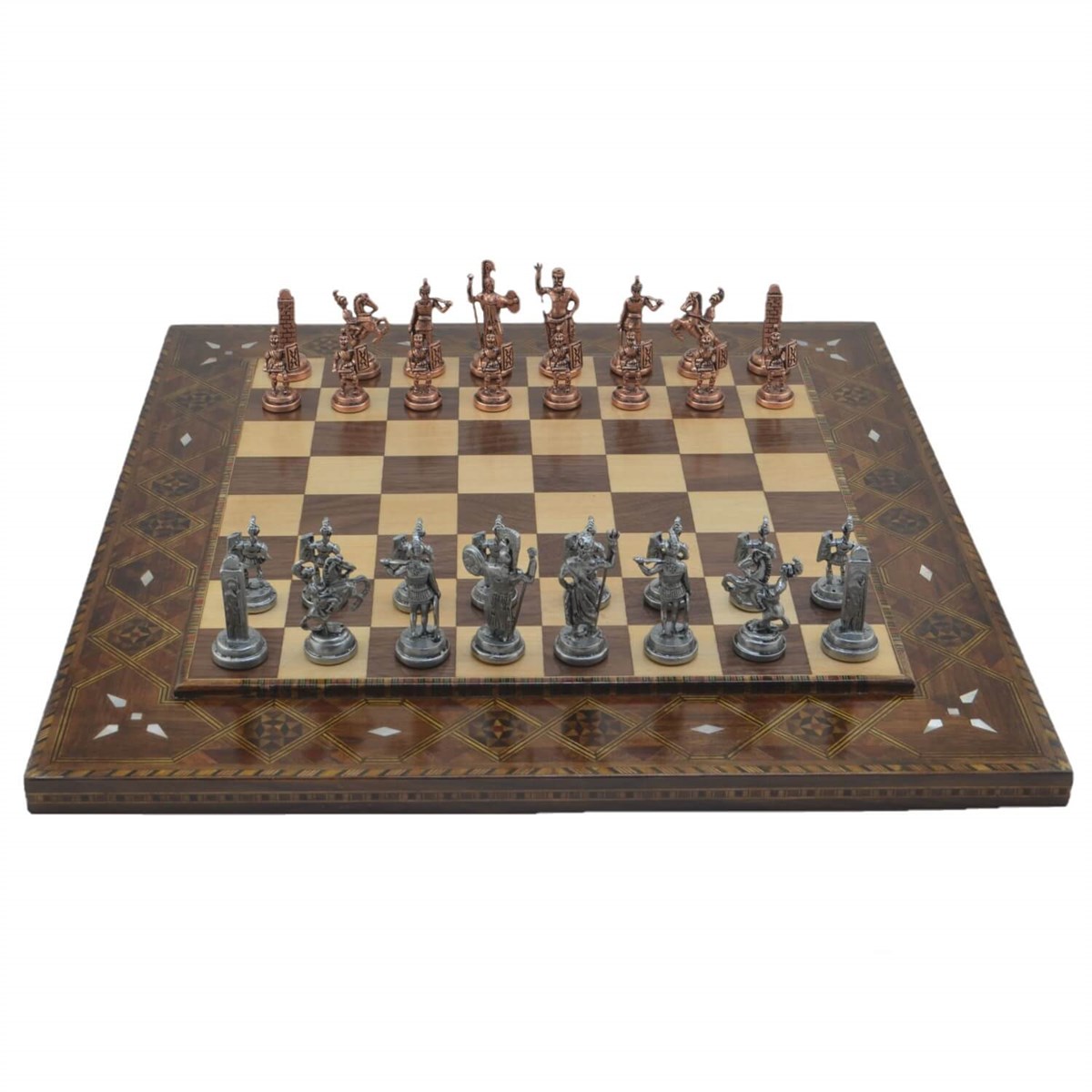 Gifthome Metal Satranç Takımı/Seti;Orta,Yunan,Antik,Düz Masif Ahşap Satranç Tahtası