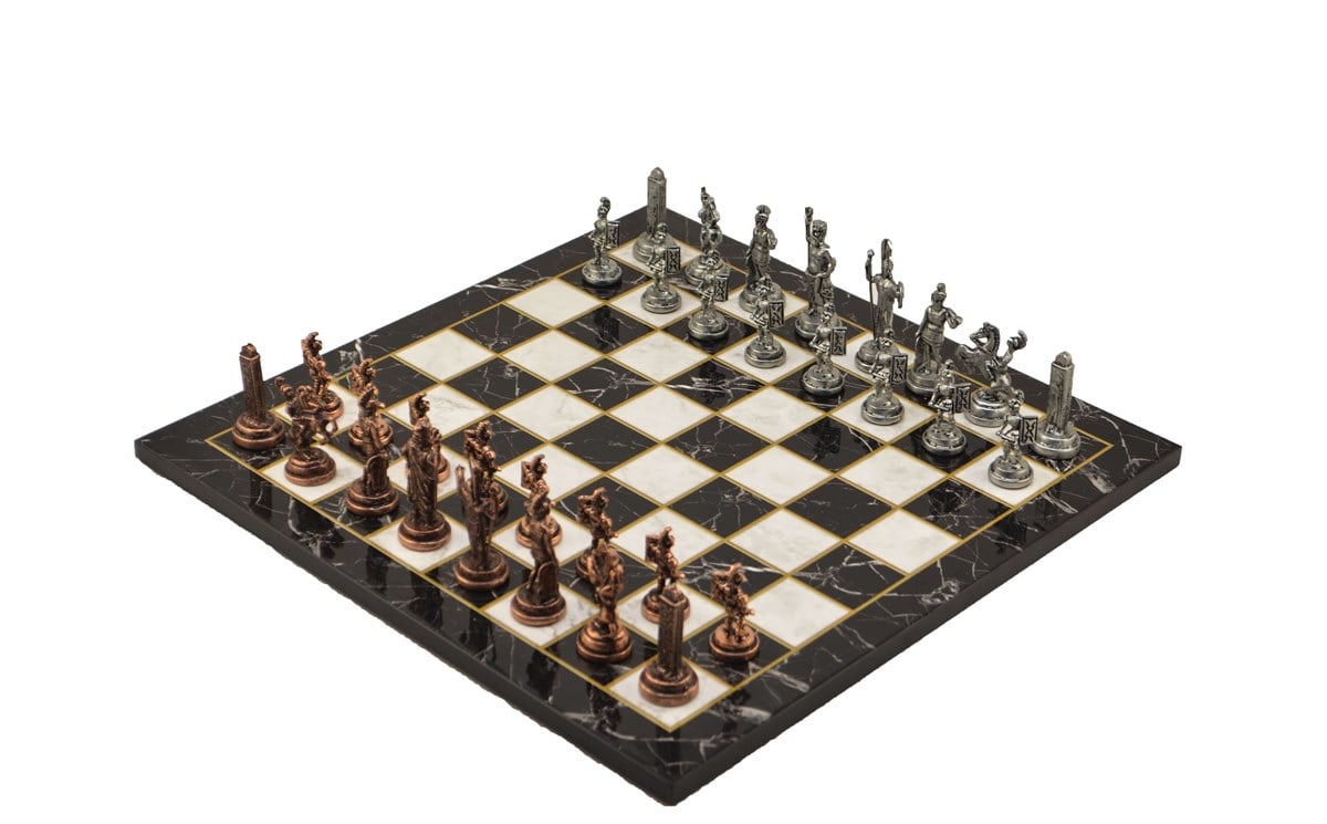 Gifthome Metal Satranç Takımı/Seti;Orta,Yunan,Antik Taş ve Düz Mermer Desenli Satranç Tahtası